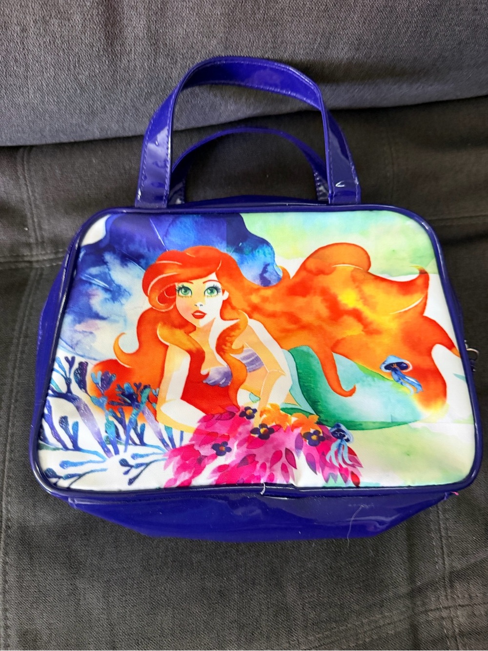 Blue Ariel-Inspired Cosmetic Case with Bright Mermaid Artwork